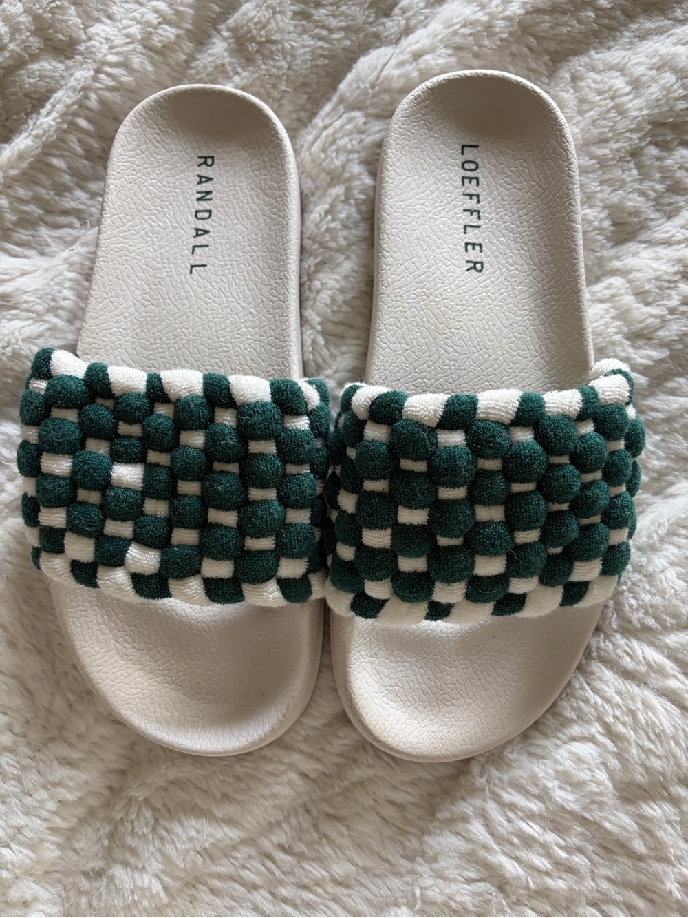 Loeffler Randall White Slides with Dark Green Woven Strap